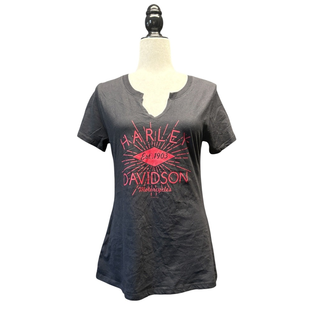 Harley-Davidson Women's Charcoal Red Graphic Notch Neck T-Shirt Size Medium